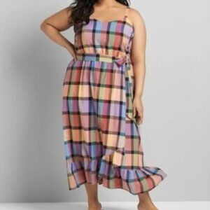 Lane Bryant Women's Multi Color Plaid Maxi Dress Size‎ 14P Cotton Linen